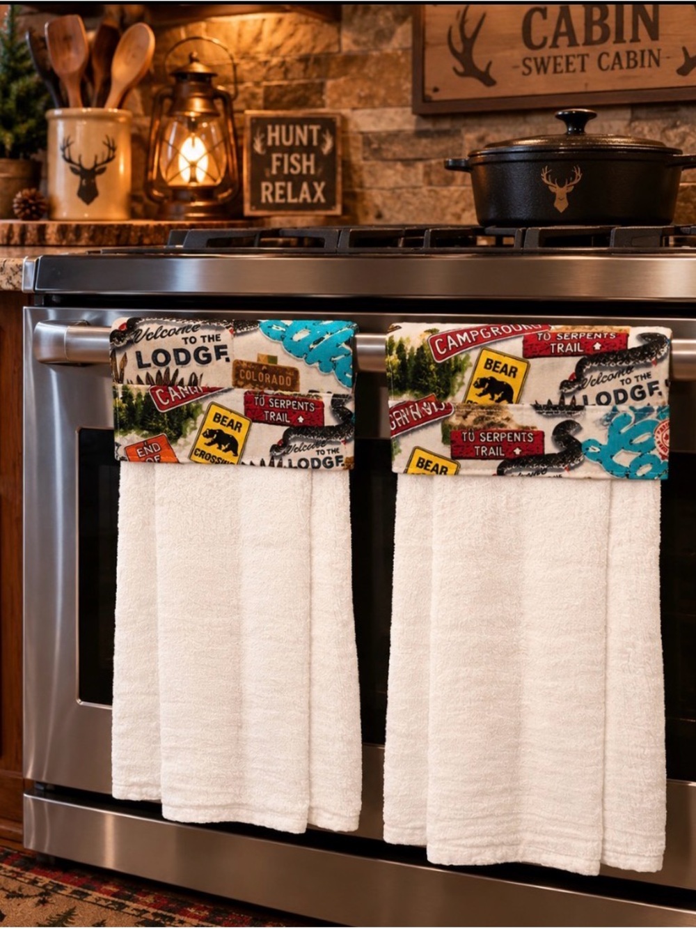 Handmade Cabin Lodge Decorative Kitchen Towels Set Adventure Print Top